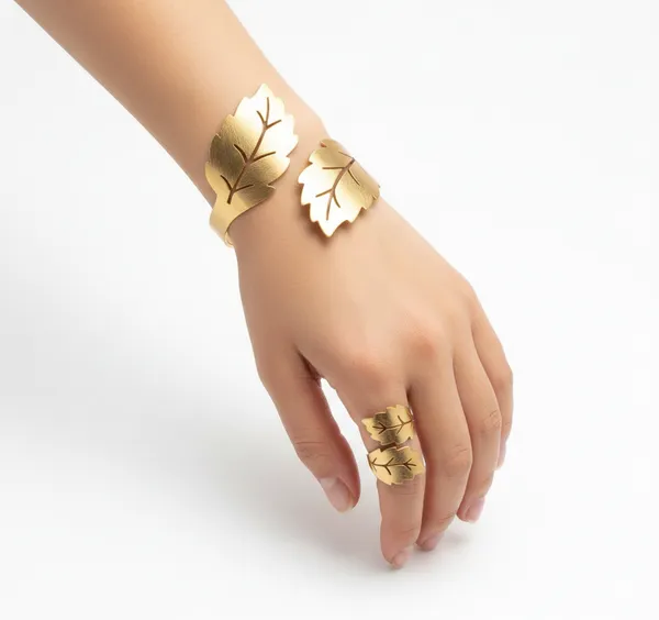 Gold_Gilded_Satin_Petal_Duo_Set_Bracelet_Ring_For_Women